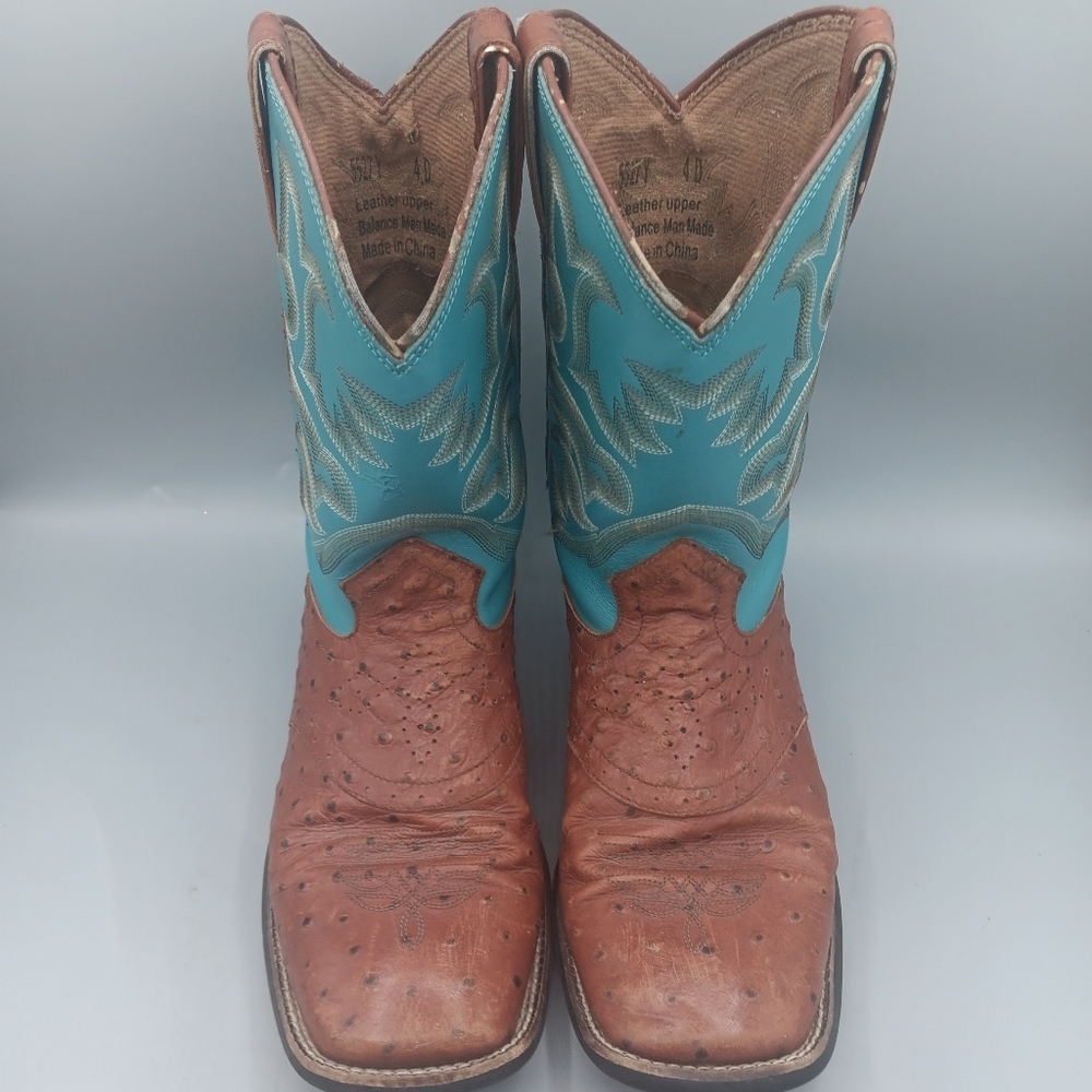Justin 5527 Ostrich Quill Women's 4 D Boots Exotic Cowboy Western Teal Brown - Picture 2 of 12